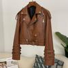 OFTBUY Women Vintage Loose Real Genuine Leather Short Jacket Tie Cuff Motorcycle Jacket Female Zipper Retro Moto Biker Coat Outwear Tops