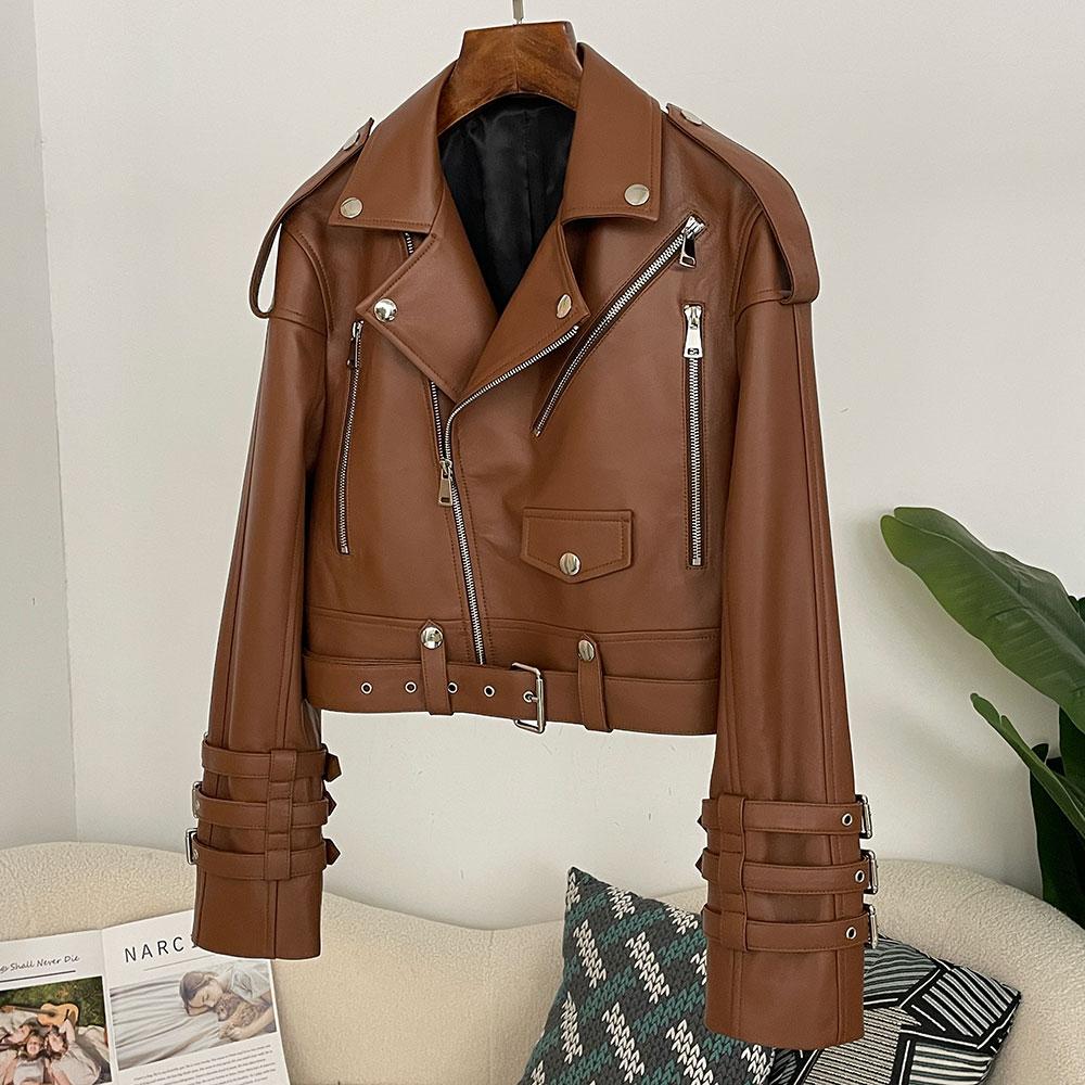 OFTBUY Women Vintage Loose Real Genuine Leather Short Jacket Tie Cuff Motorcycle Jacket Female Zipper Retro Moto Biker Coat Outwear Tops