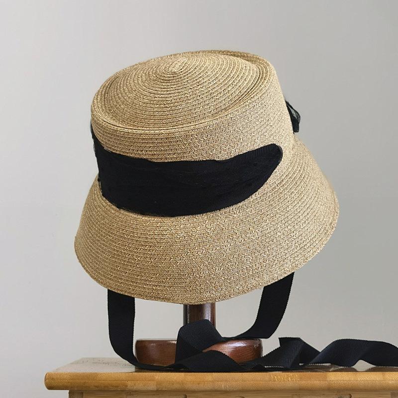 Concave Top Lace Streamer Lampshade Basin Hat Sun Protection Beach Sunshade Straw Hat Women's Summer Retro Bucket Hat