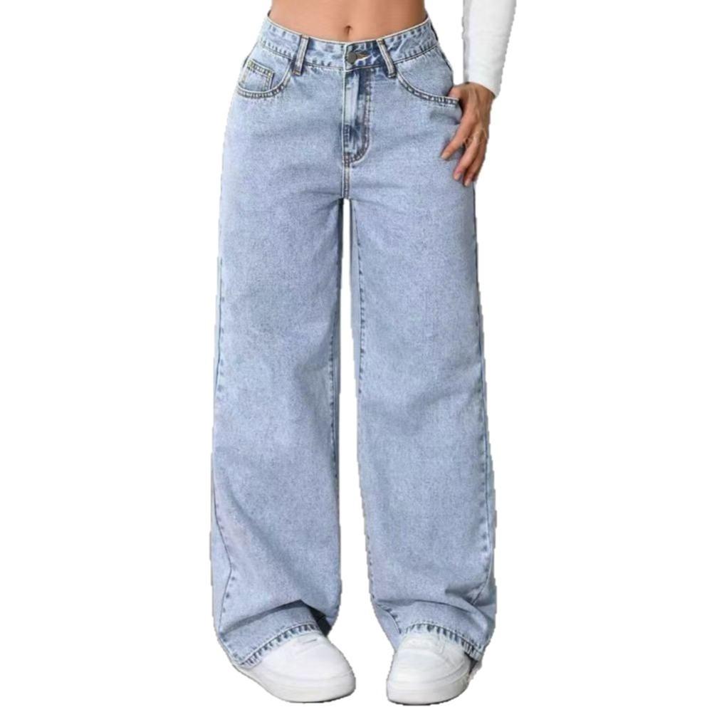 Damen Jeans mit hoher Taille und geradem Bein, Lockere Wide Leg Jeans aus Denim, Säuregewaschen Hellblau Dehnbare Jeans mit Taschen, Lässige Büro-Arbeitshosen