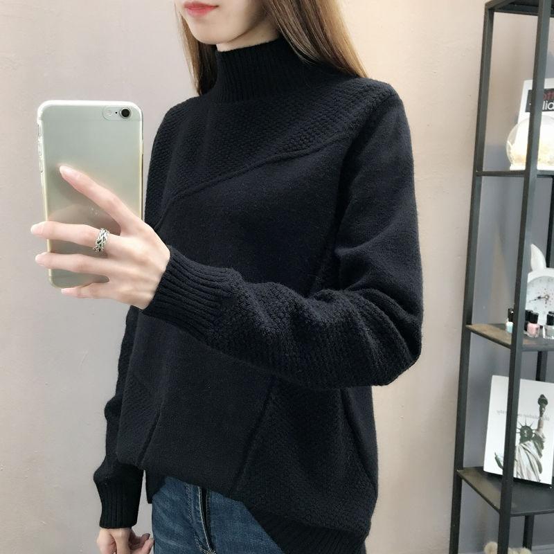 Solid-color Knitted Sweater Loose Half Turtleneck Sweater for Women Casual and Trendy Pullover for Autumn and Winter