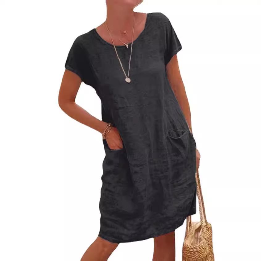Summer Women's Loose Solid Color Pocket Short-Sleeve Round Neck Cotton Linen Dress