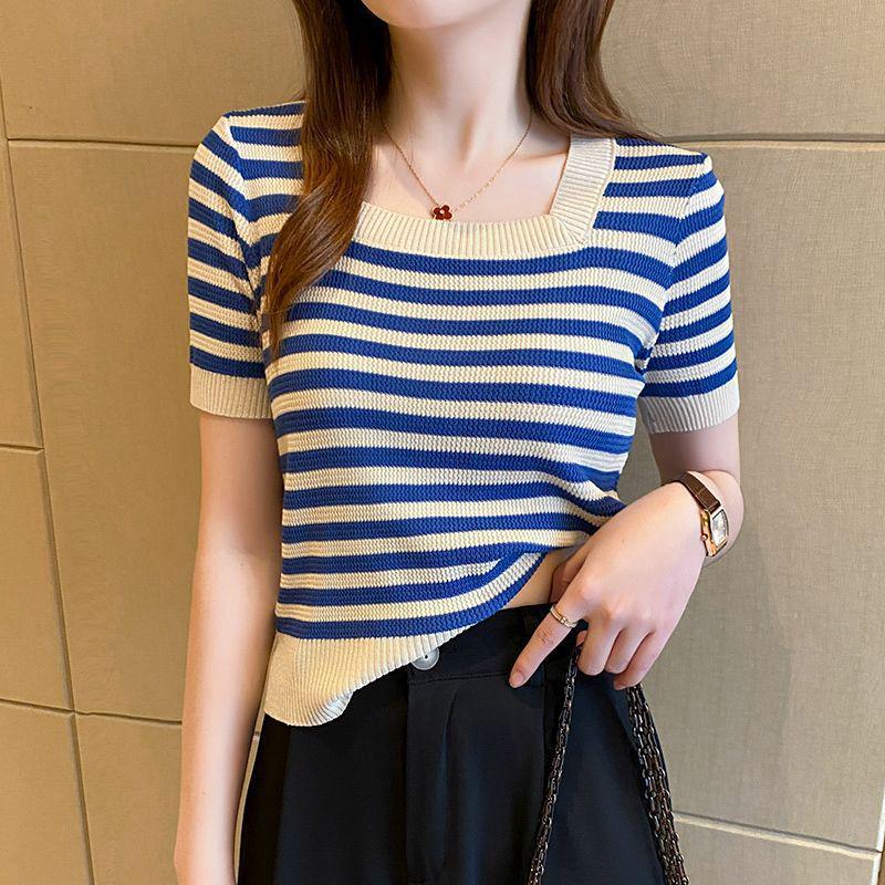 Women's Ice Silk Striped Square-Neck T-Shirt - Summer 2026 Collection