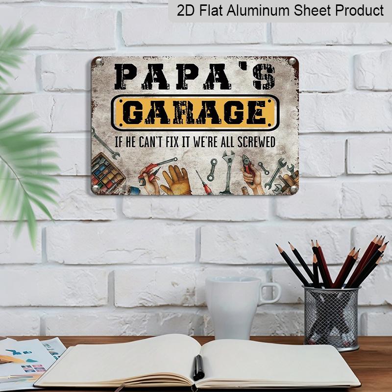 2D Flat 1pc Papa's Garage Aluminium Sign 8x12" - Rustic Garage Wall Decor, Fathers Day Gift, Tools & Gloves Design