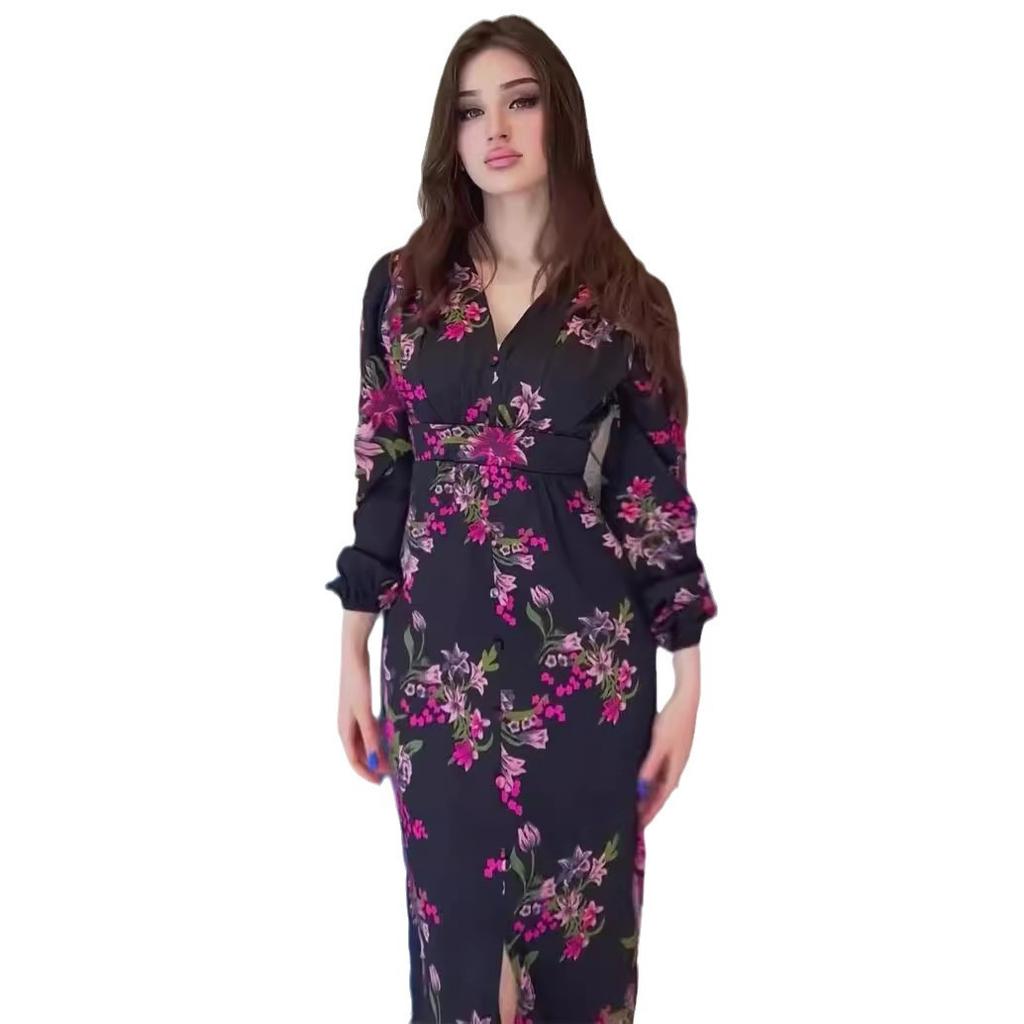European and American New Retro Printing V-neck Long-sleeved Waist Slit Dress Women's Summer Temperament Slim Dress