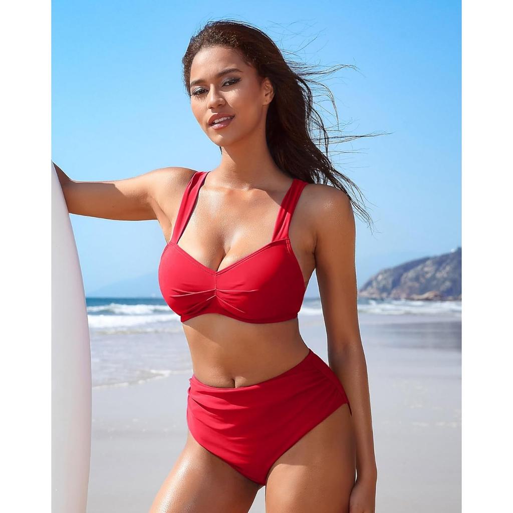 Charmleaks Women High Waisted Bikini Sets Two Piece Swimsuit Ruched Sexy Bandeau Bathing Suit