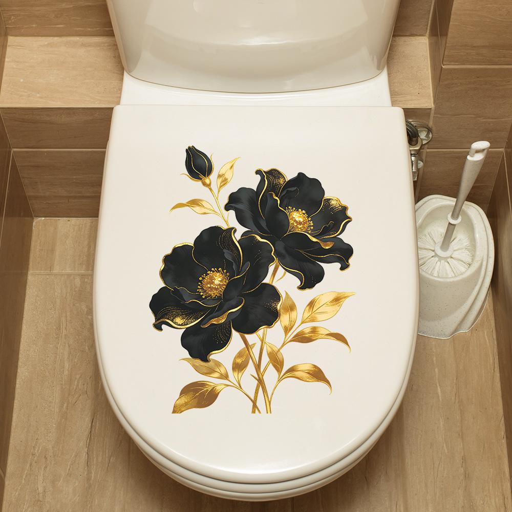 Creative Black Relief Flower Wall Stickers for Bathroom and Toilet Decoration and Beautification
