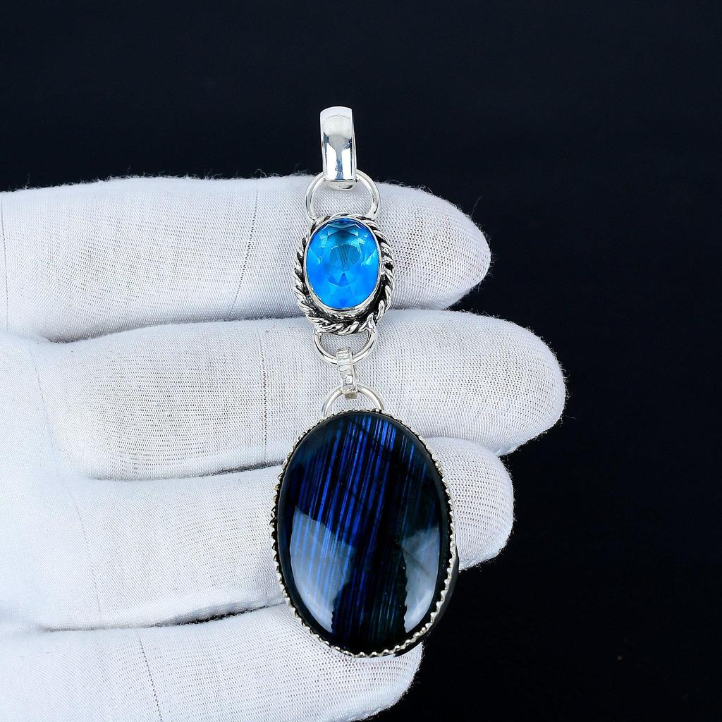 Labradorit Hänge, 925 Sterling Silver Handgjorda Smycken, Blå Topaz Silverhänge, Fest Smycken för Dam, Hänge Förlovningspresent