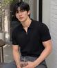 HERVINO Soft Half-Zip Muscle Fit Collared Short Sleeve Knit [Black]