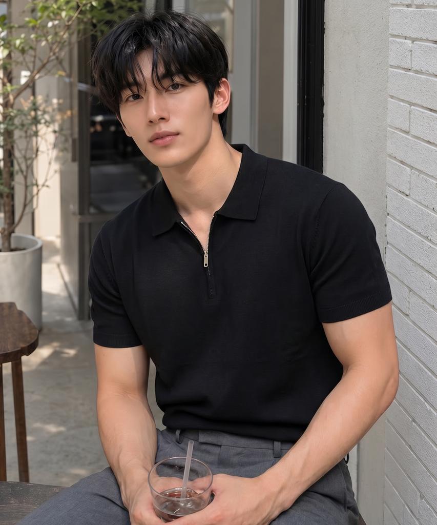 HERVINO Soft Half-Zip Muscle Fit Collared Short Sleeve Knit [Black]