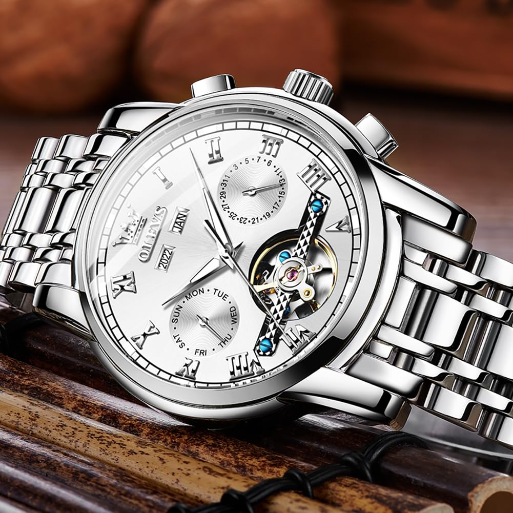 OLEVS Mechanical Automatic Moon Phase Watch Stylish Skeleton Waterproof Popular Luminous Watch for Men
