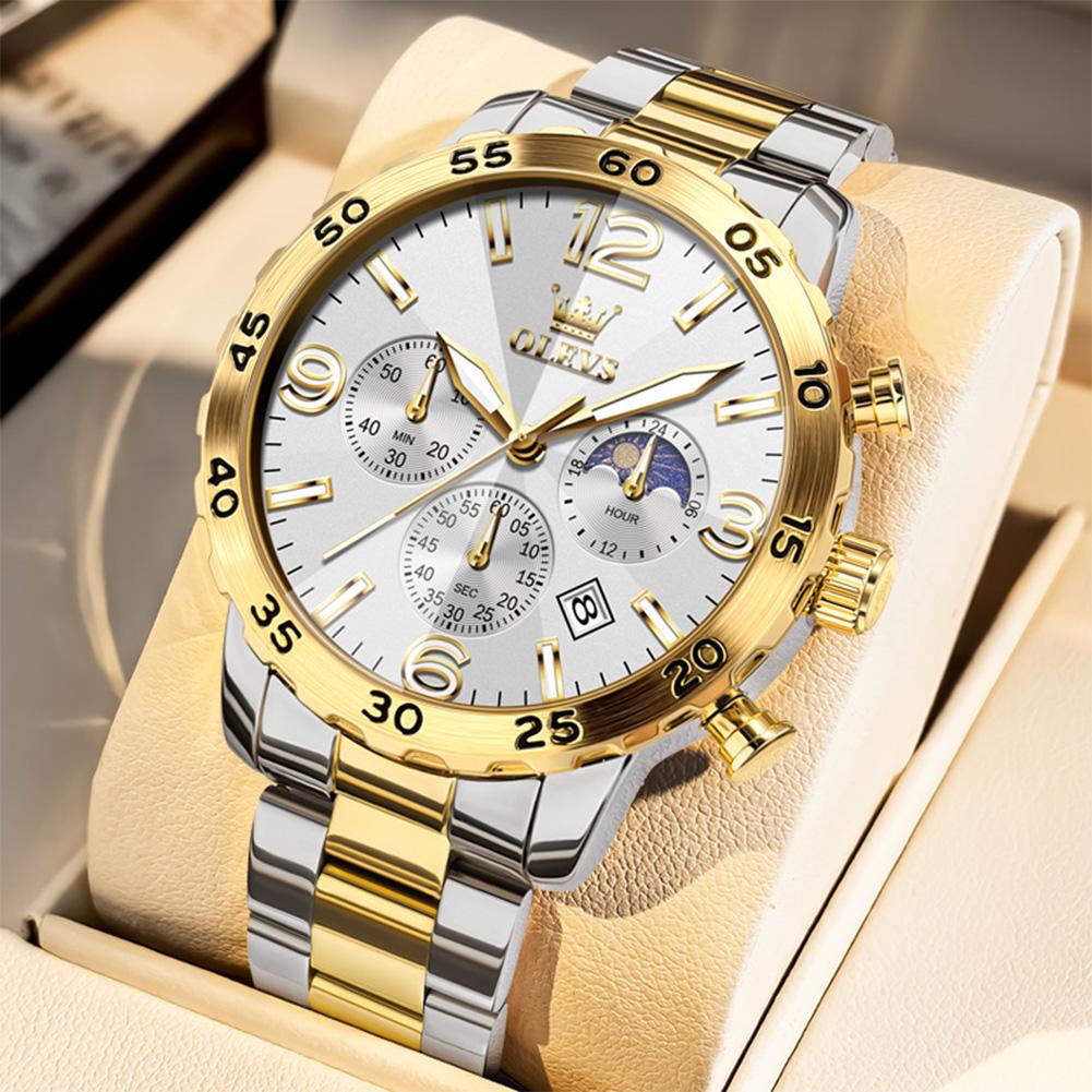 OLEVS Sports Black Stainless Steel Men Watch Moon Phase Luxury Night Glow Calendar Quartz Fashion Watch reloj hombre