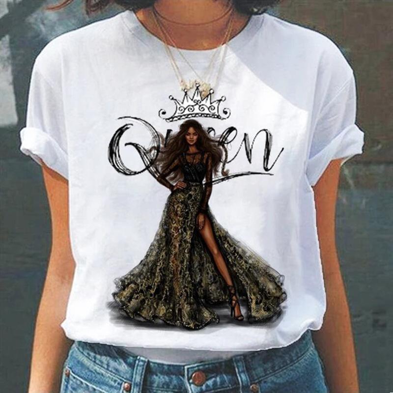 Camiseta de Verano de Cuello Redondo con Estampado 3D de Patrón de Reina, Camisetas de Mujer Casuales de Moda de Manga Corta