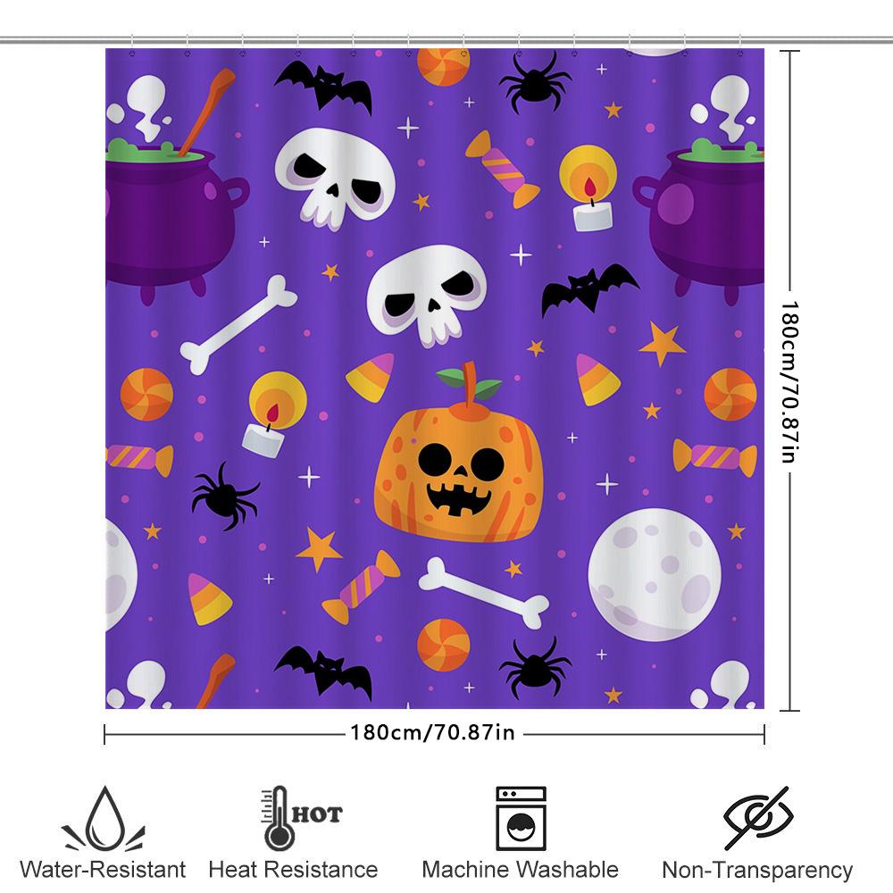 Halloween-Themed Shower Curtain Featuring Pumpkin Candy Skull Design For Bathroom Decor