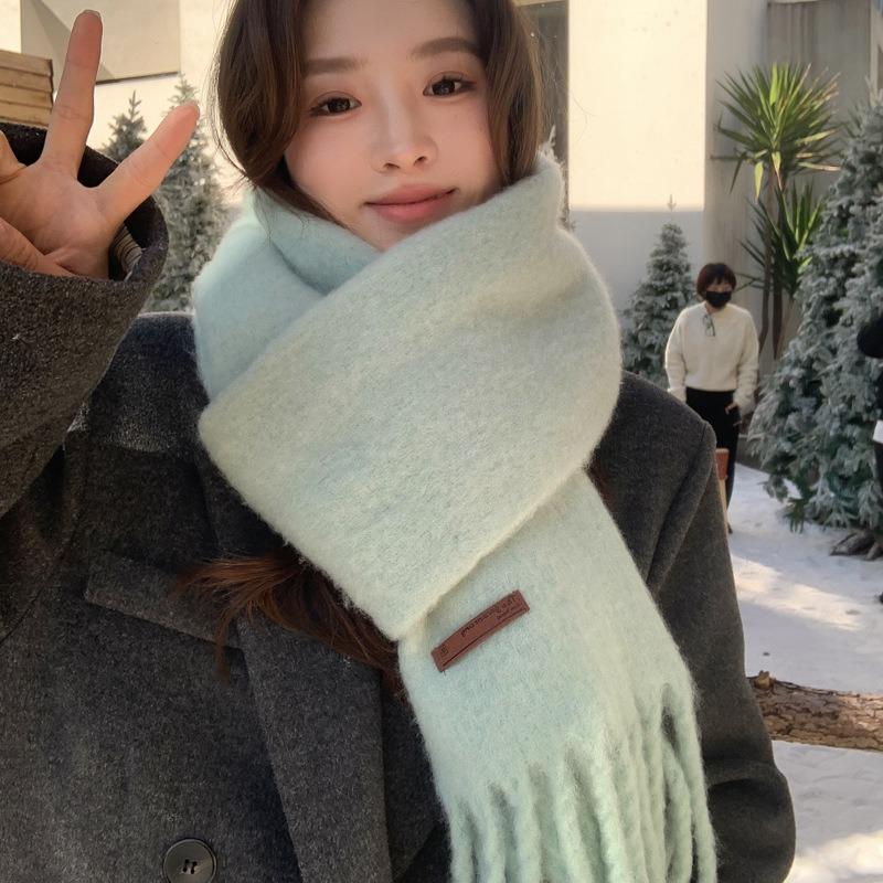 Woolen solid color wool blended scarf women's autumn and winter scarf macaron color thickened braid fringed shawl