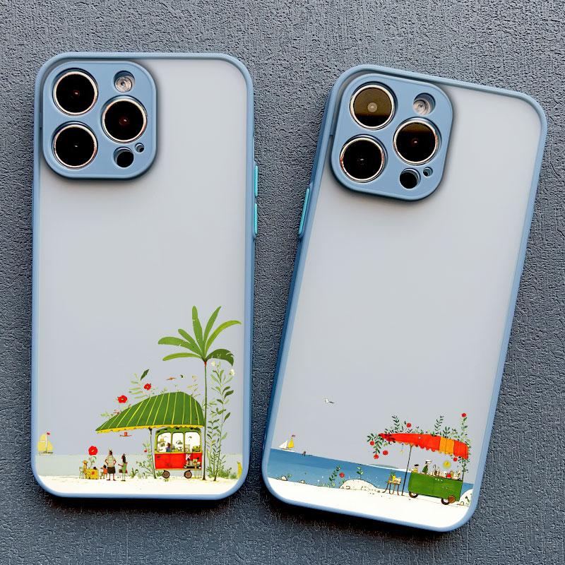 Cute Vacation On Beach Cartoon Phone Case for iPhone 16 15 14 Pro Max Plus 11 12 13 Pro Max Mini XR XS X SE2 Shockproof Covers
