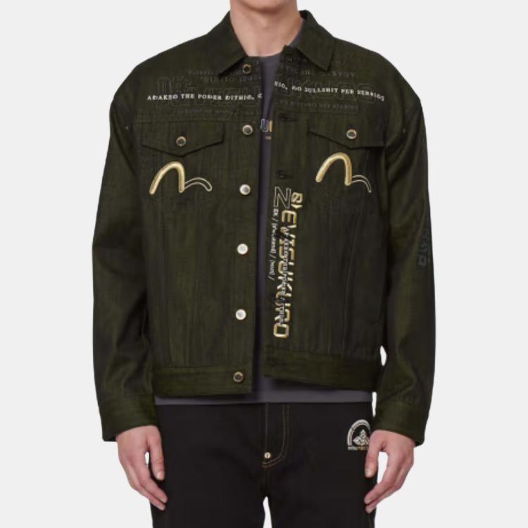 Evisu SS22 Seagull Logo Embroidered Letter Denim Jacket Men Jackets Black 2ESGNM2DJ732LFCT
