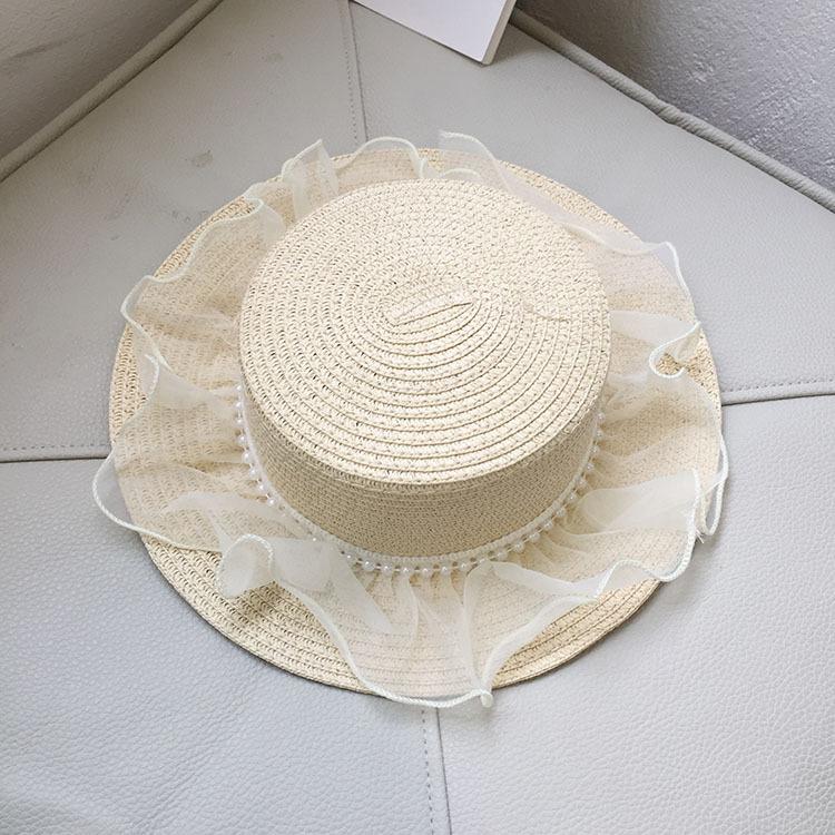 Girls Summer Straw Sun Hat With Pearl Lace Wide Brim Baby Beach Shade Cap Stylish UV Protection Outdoor Headwear
