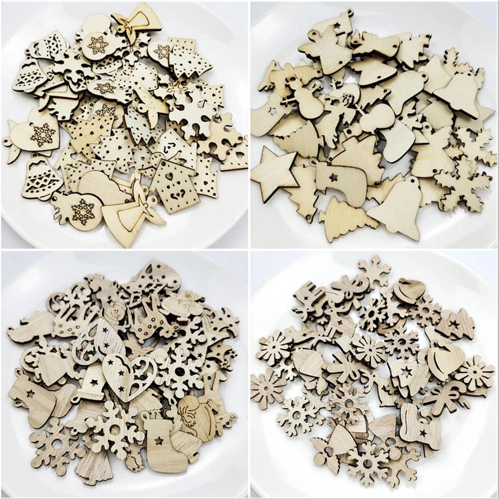 50Pcs Mixed Christmas Wood Chips Christmas Wooden Decoration Snowflake Chips Elk Xmax Tree Ornament Christmas Diy Craft Supplies