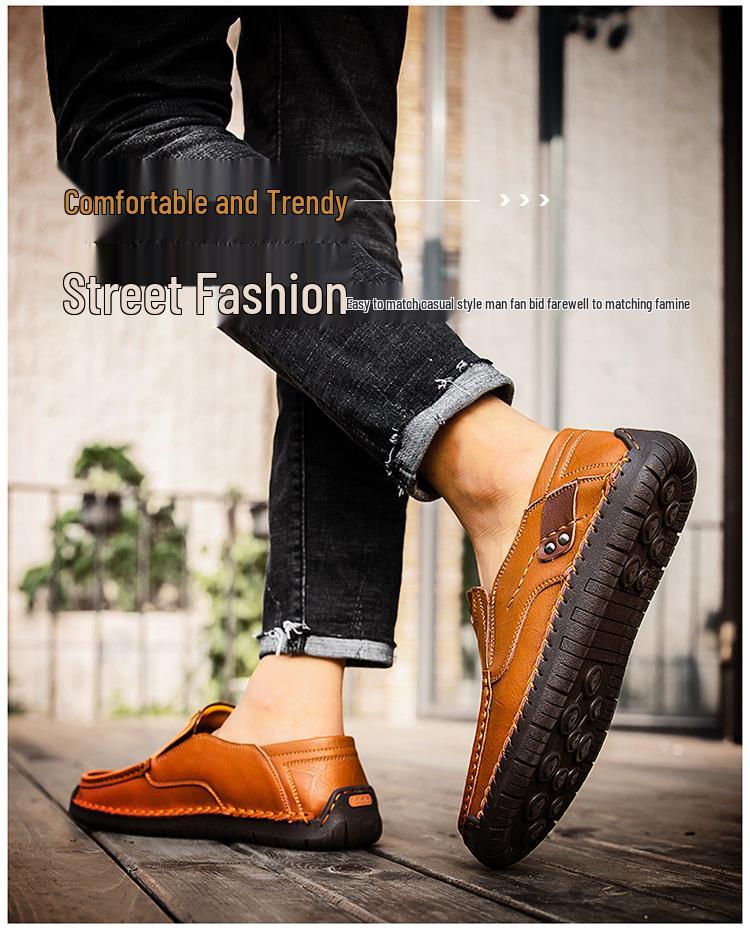 Men's Hand-Stitched Leather Slip-On Loafers - Casual Outdoor Low-Top Flats, Large Size, Spring Collection.