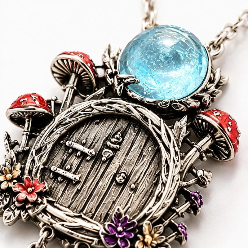 Mushroom Cottage Pendant Necklace with Dimensional Relief, Floral and Leaf Details, Blue Teardrop Dangle, and Vintage-Inspired Alloy Finish