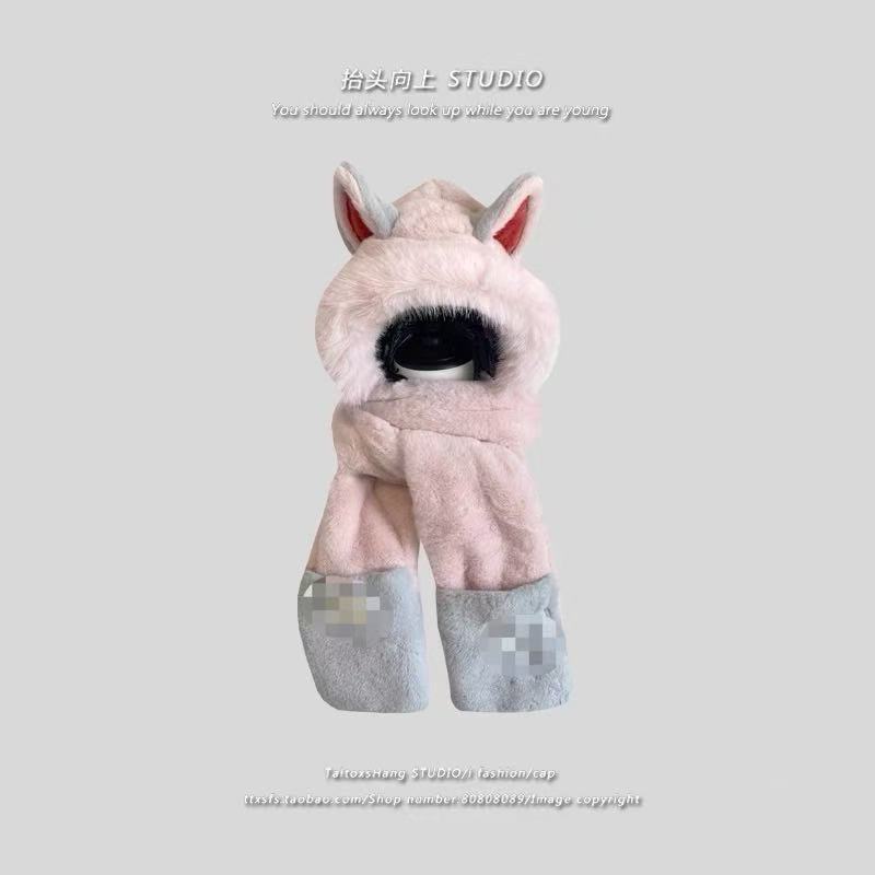 Cute capybara hat scarf gloves integrated women's winter windproof warm plush three-piece hat