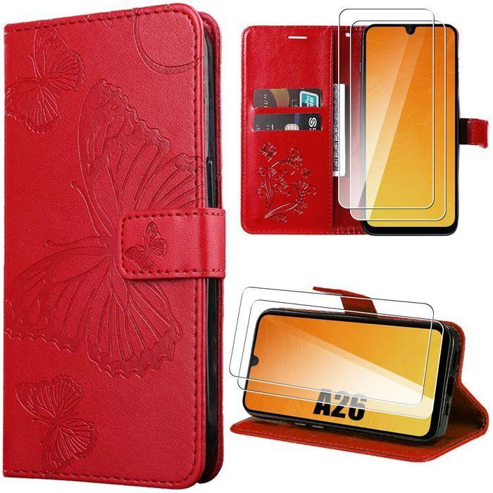 Protective Case - BOOLING - Samsung Galaxy A26 5G - Red PU Leather - Butterfly Pattern - 2 Tempered Glasses