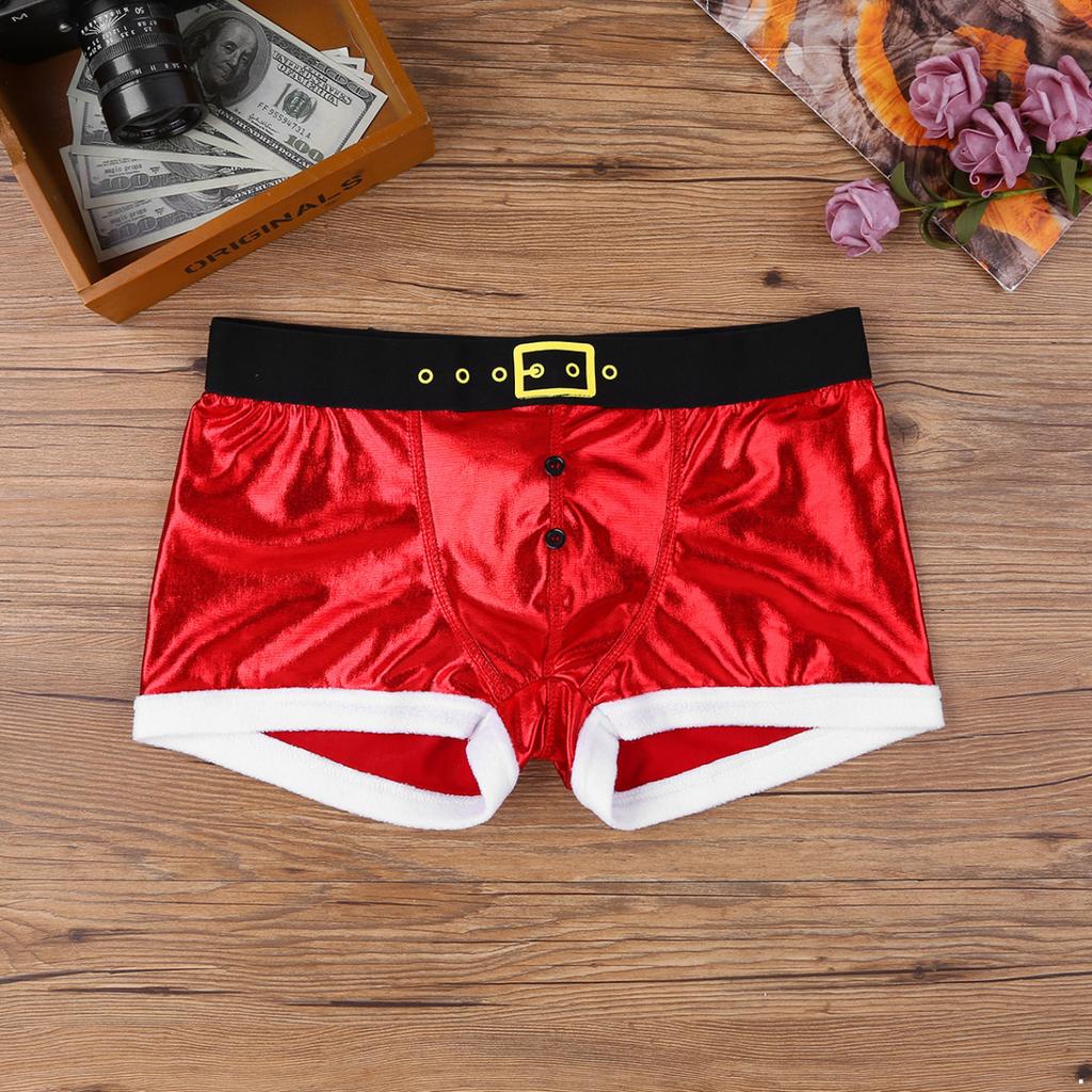 Christmas Underwear Men Red Faux Leather Belt Printed Panties Holiday Novelty Santa Claus Costume Male Sexy Tight Boxer Shorts