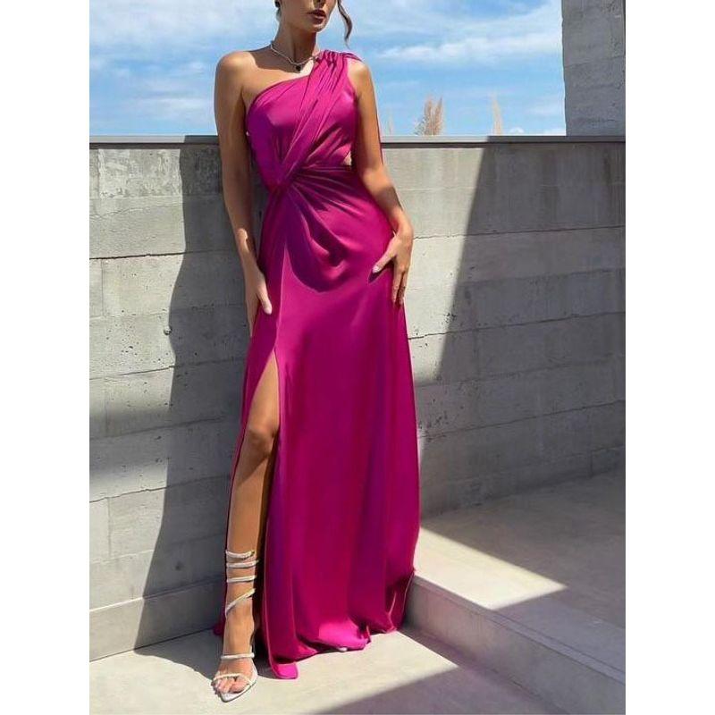 European and American Sexy Women clothes New One-Shoulder Pleated Split Sexy Satin Dress Temperament Slim fit