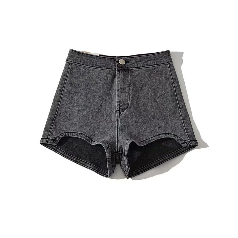 

Summer European Style Front Slit High Waist Demin shorts Women Large Stretch Slim Fit Plus size A Word Super Short Shorts Hot Pants Black Gray XS