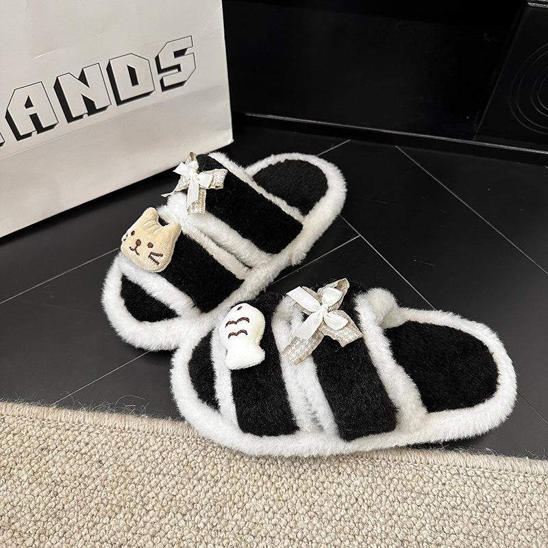 Cute kitten fish thick-soled fluffy slippers girl 2025 autumn fashion outer wear thick-soled bow cotton slippers woman