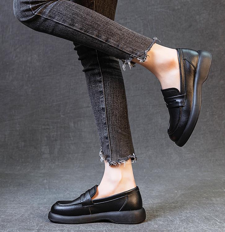 

4CM Big Size 41 42 Women Loafers Spring Autumn Slip On Casual Flat Shoes Real Cowhide Low Heel British Style Leather Shoes 35