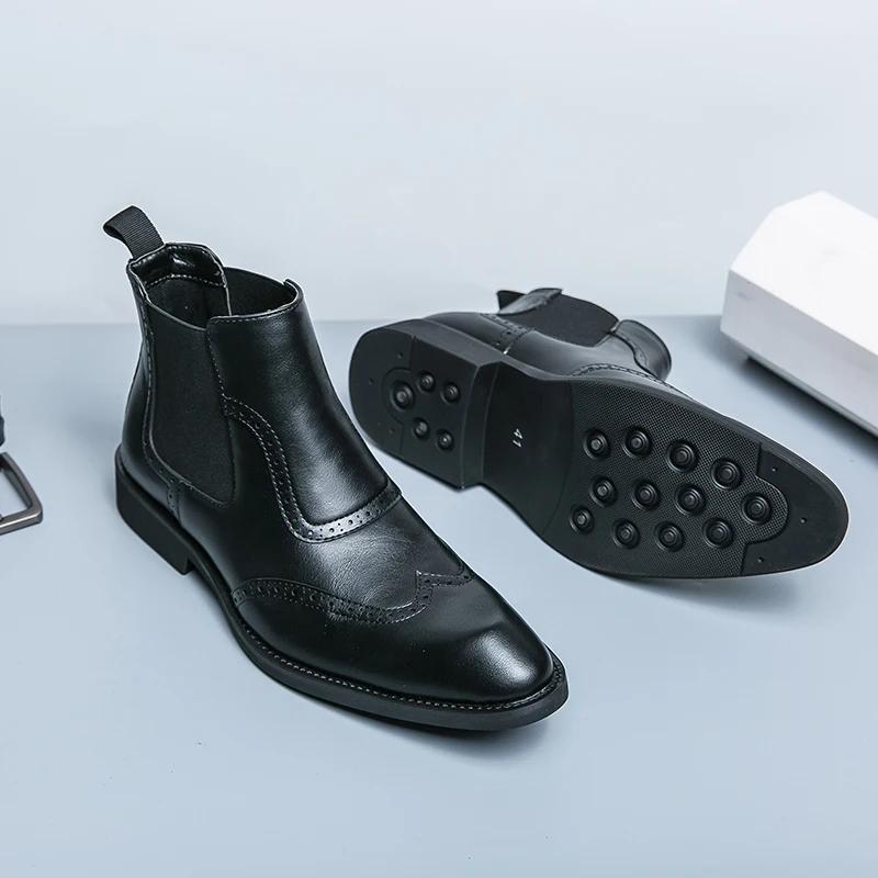 British Style Male Casual Leather Ankle Boots Classy Mens Chelsea Boots Leisure Walk High Top Shoes Outdoor Party Weddidng Shoes