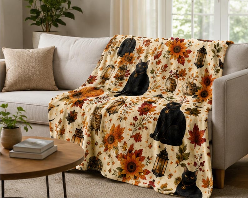 Black Cat Fleece Blanket, Fall Halloween Pumpkin Owl Throw Blanket, Witchy Autumn Decor, Cozy Cat Lover Gift, Cottagecore Bedding