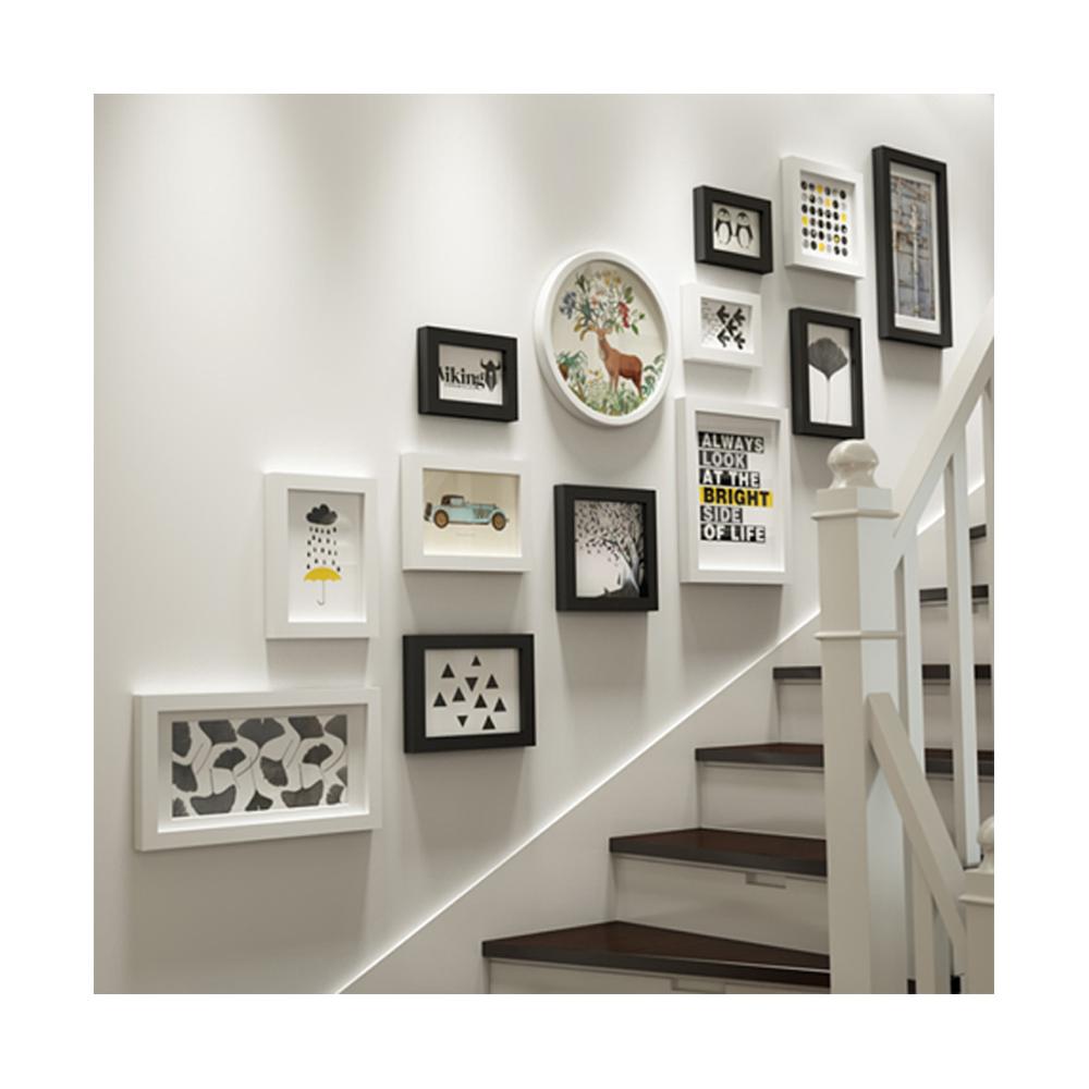 Different Types Staircase Design Wooden Family Photo Frame Set for Gallery and Hotel Home Wall Decor Creative Art (as the picture,Overall size: 110x159cm)