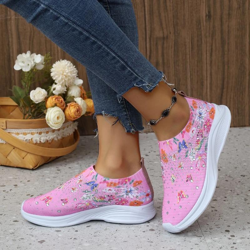 Flower Print Knitted Sneakers Women Shiny Crystal Breathable Walking Shoes Woman Plus Size Casual Non-Slip Sock Shoes Ladies