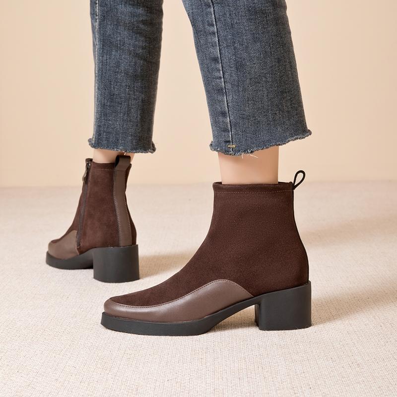 Women's Short Boots Genuine Leather Chunky Heel High Heel Boots Female Large Size Pointed Toe Women Ankle Boots