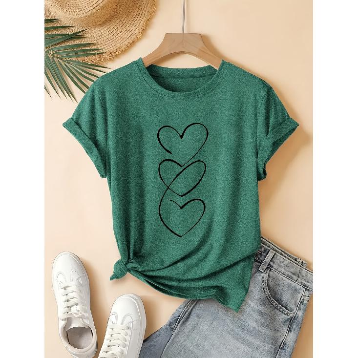 Women's Plus Size Casual Wear T T-shirt with Heart Pattern Print Suitable for Spring Summer and Autumn Round Neck Short Sleeve Fashionable for