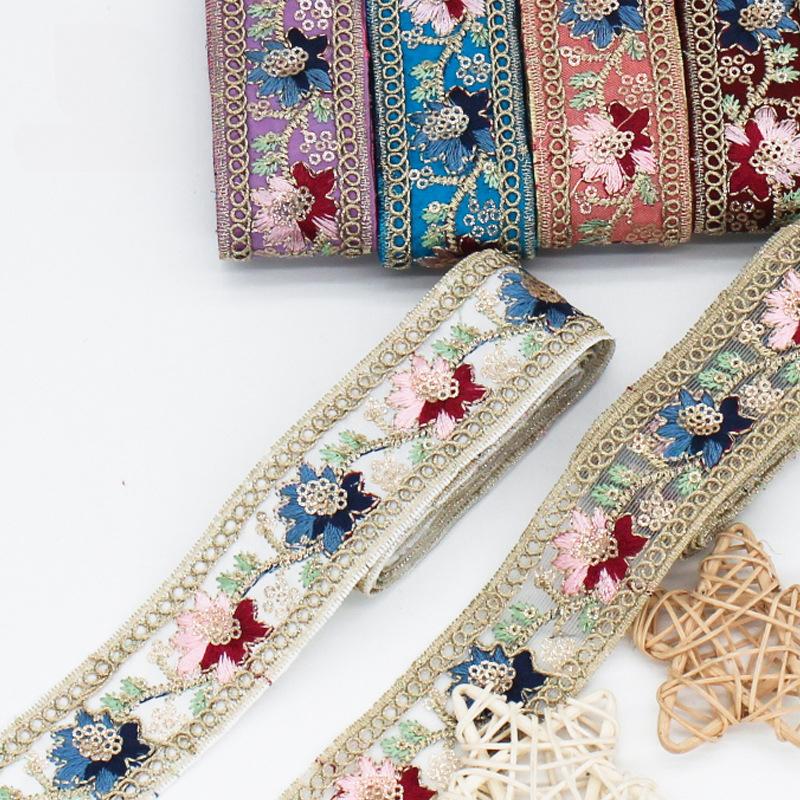 5yards Ethnic Style Lace Embroidered Sequin Ribbon Webbing Sequins Trim for Clothing Cuff Decoration DIY Sewing Accessories