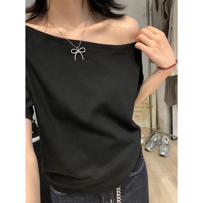 One-word collar off-shoulder design loose solid color short-sleeved T-shirt women s summer new slanted shoulder top S【 52.5kg inner wear】 чёрный