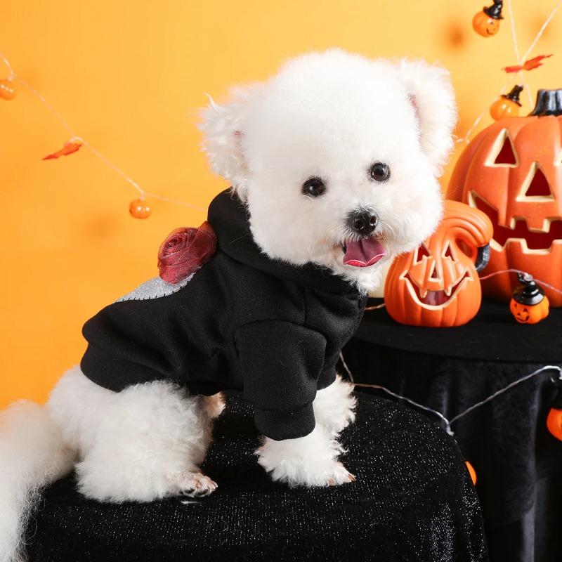 Pet Clothes Dog Cat Silver Skull Halloween Sweater Black Thickened Funny White Skull Embroidered Button Hooded Jacket