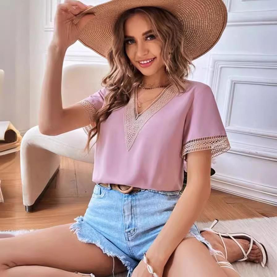 8 Color  European and American New Solid Color Round Neck 5/4 Sleeve Short Sleeve Loose Chiffon Top for Women