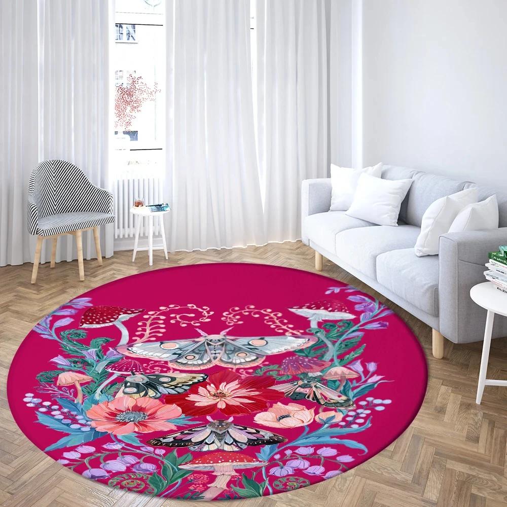 Boho Mushroom Butterfly Round Rug Cartoon Mushrooms Carpet for Living Room Office Bathroom Decor Kawaii Fungus Indoor Floor Mat