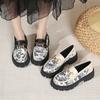 Mixed Color Embroidery Thick Sole Leather Loafers Genuine Leather All-Match Casual Shoes Round Toe Platform Mid Heel Women Pumps
