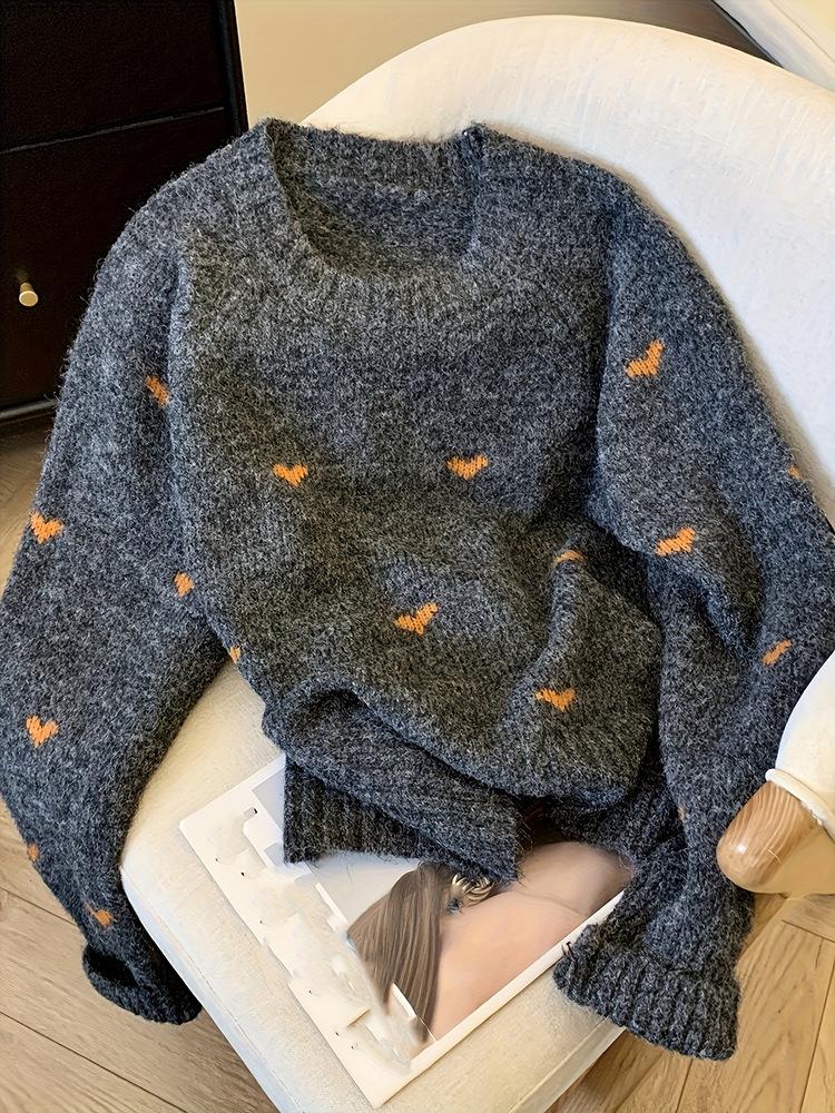 2026 Fall/Winter European & American Women's Heart Pattern Long Sleeve Pullover Sweater