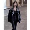 Women's Black Leather Jacket - 2024 Spring/Autumn Motorcycle Style, Petite & Plus Sizes, Korean Casual Fit