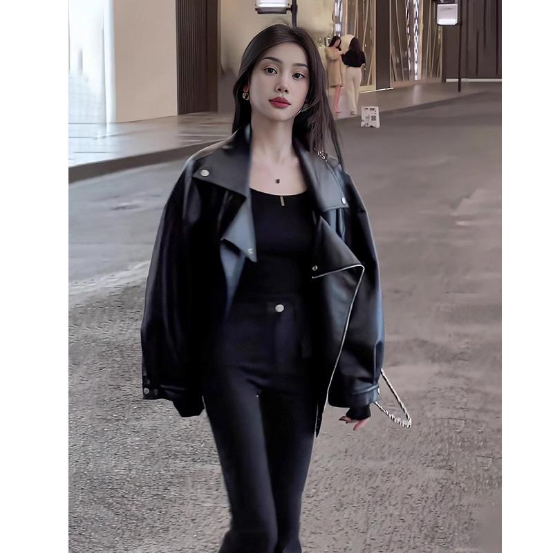 Women's Black Leather Jacket - 2024 Spring/Autumn Motorcycle Style, Petite & Plus Sizes, Korean Casual Fit