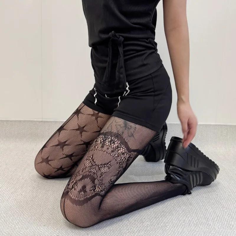 Punk Style Floral Tights Mesh Fishnet Stockings Women Tights Lingerie Ab Asymmetric Star Vintage Pantyhose Jk Lolita Stocking