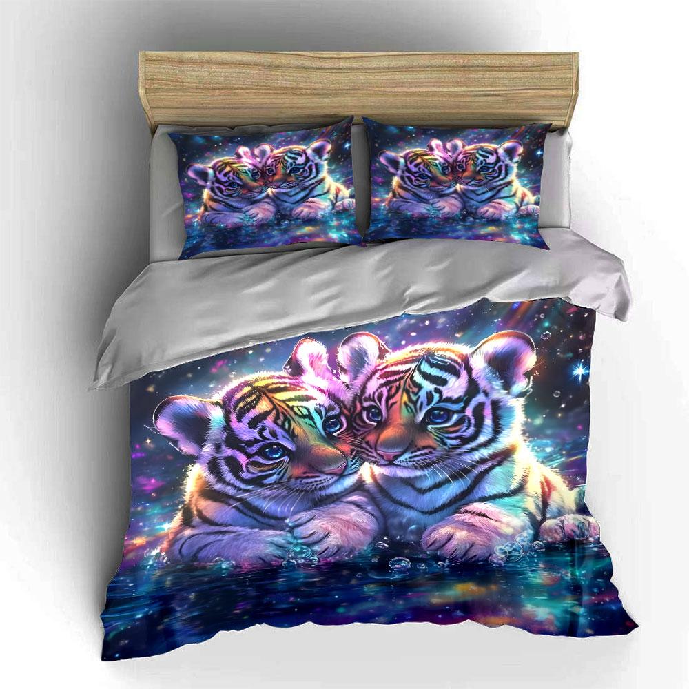 Colorful Tiger Cubs In Water Bedding Duvet Cover Set  (1*Duvet Cover 2*Pillowcases, Without Duvet Insert)