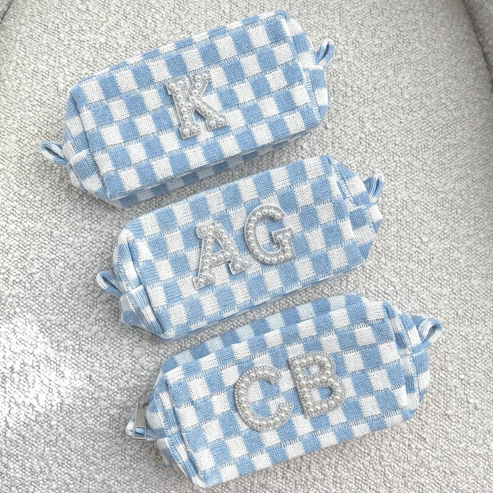 Custom Initials Blue Checkered Pouch Bridesmaid Favors Makeup Bag Beach Bachelorette Coastal Cowgirl Last Toast on The Coast